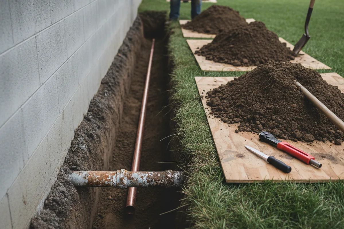 Excavated water line trench during Water Heater Repair in Holly